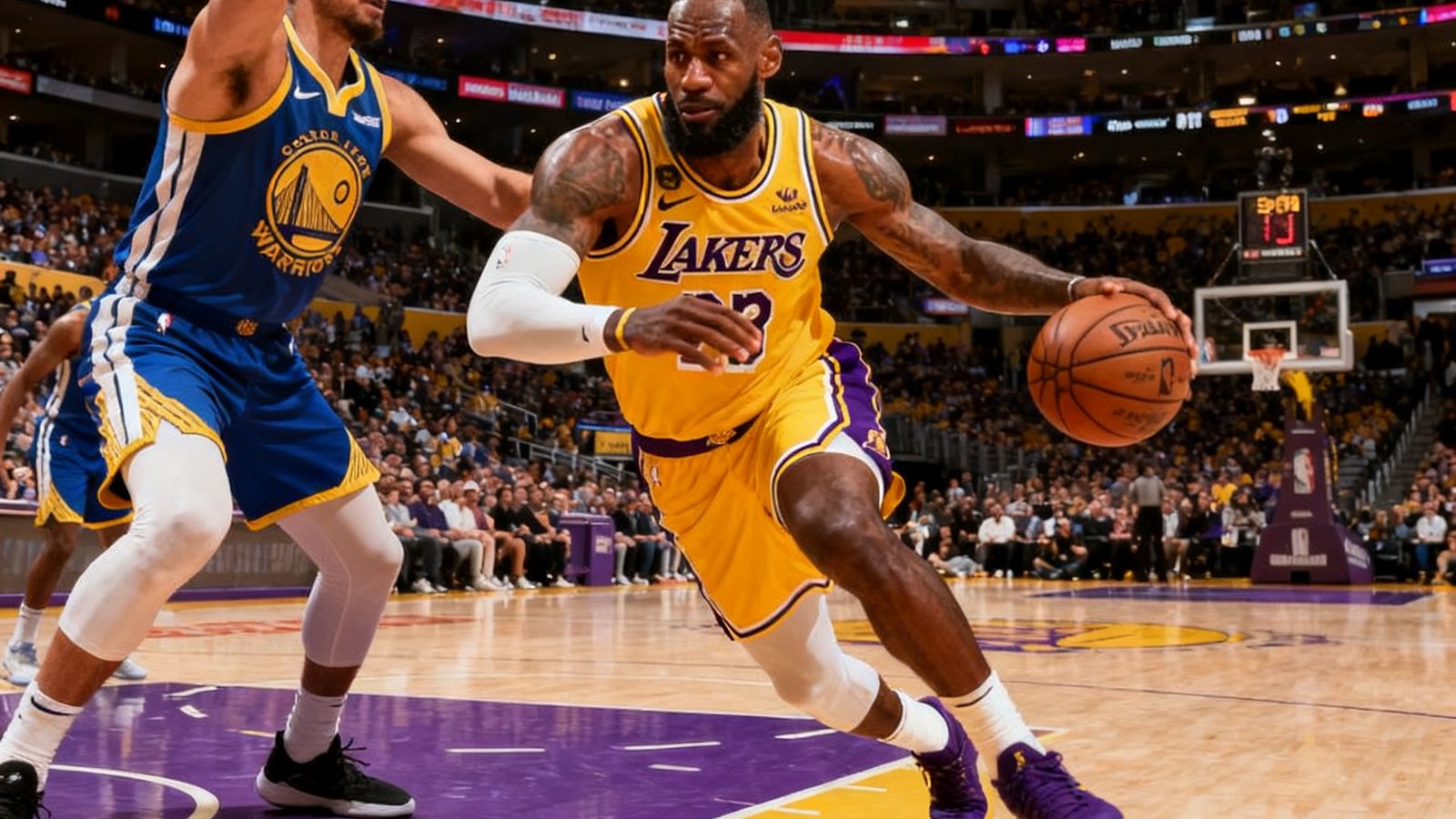NBA常规赛洛杉矶湖人主场斯台普斯中心，勒布朗詹姆斯持球突破勇士防线，观众席座无虚席